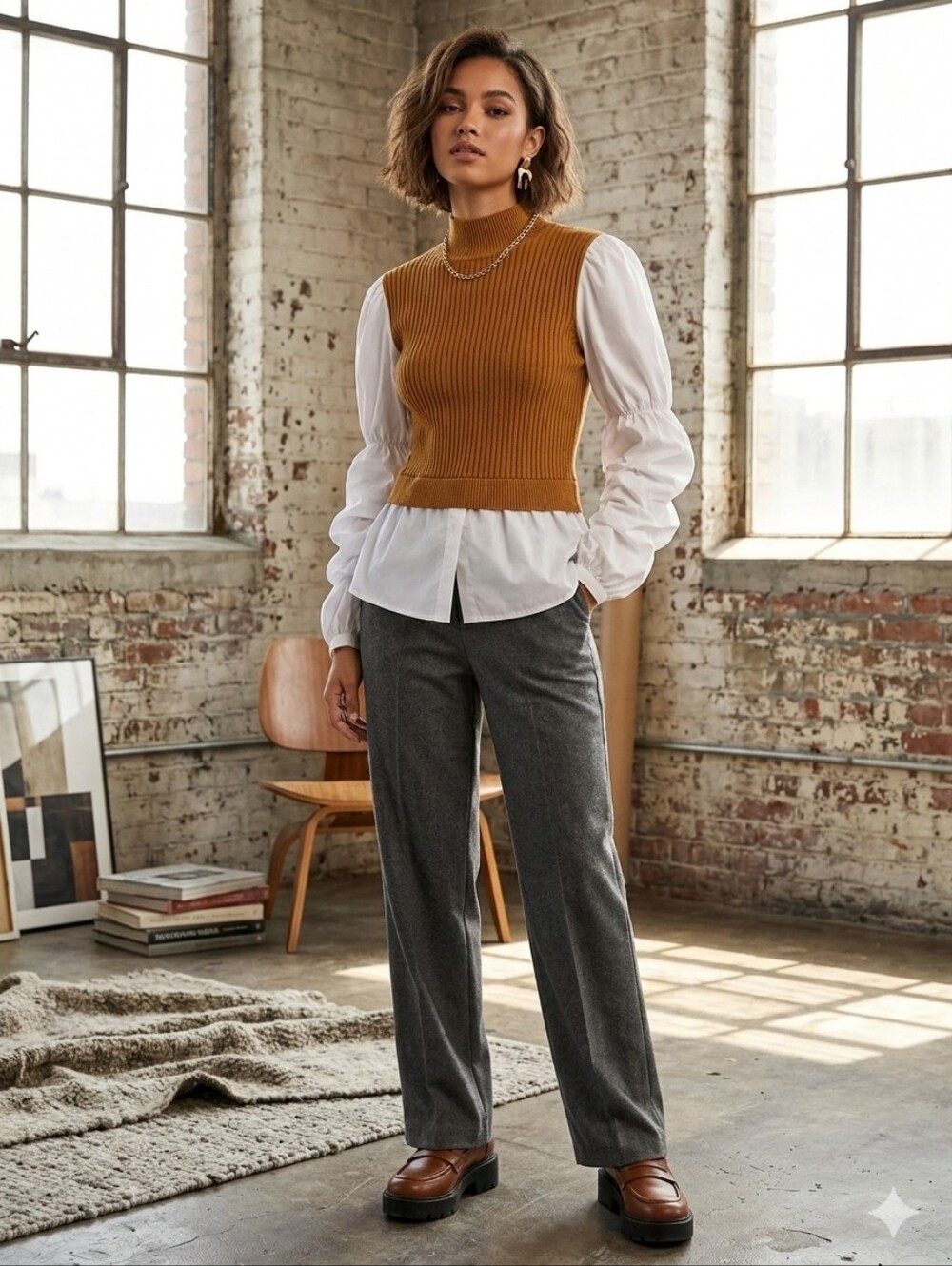 Romantic Ribbed Cropped Mock Neck Sweater Vest in Mustard